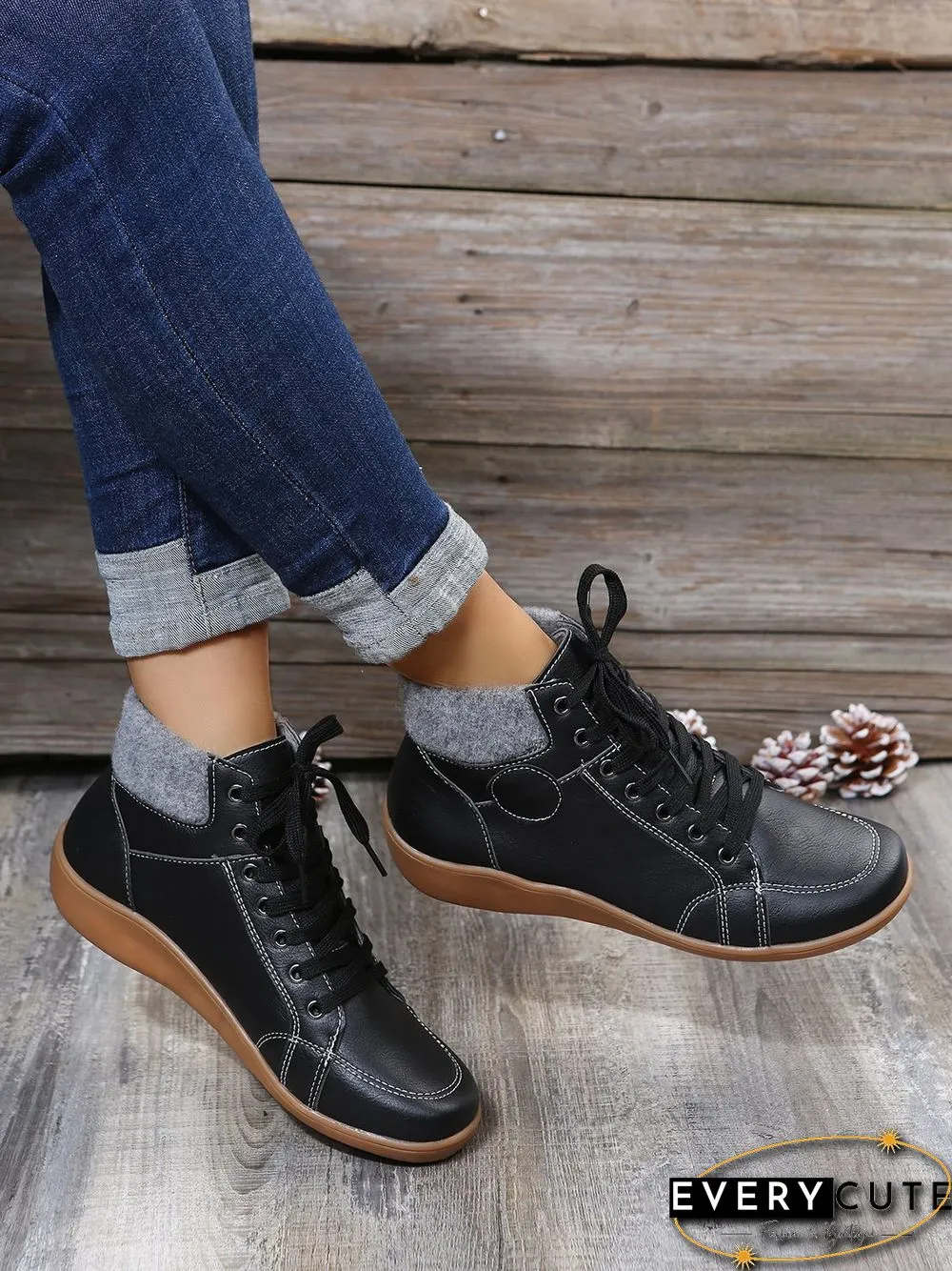 PU Leather Suede Panel Casual Short Boots