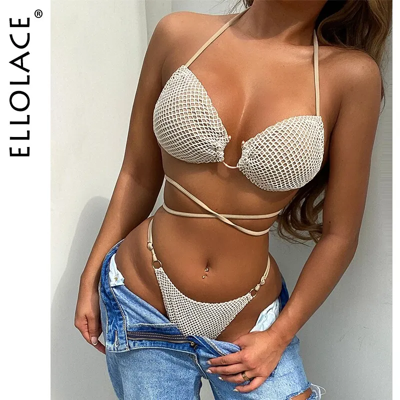 Billionm Ellolace Swimwear Halter Micro Bikini Summer Stylish Fishing Net Erotic Swimsuit And Cover Up Low Waist Bathing Suit Women