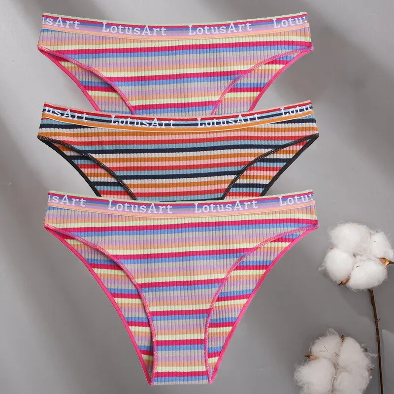 Billionm Women Cotton Colorful Stripe Panties Sexy Intimate Underwear Female Soft Solid Briefs Low Waist Underpant Soft Lingerie