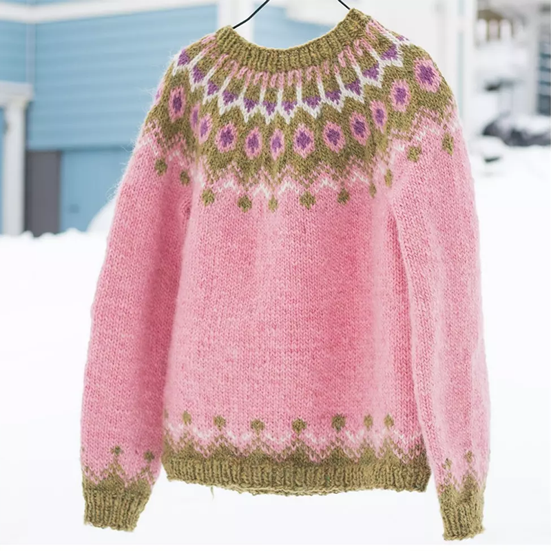 Unisex Vintage Icelandic Pink Knit Jacquard Warmth Crew Neck Sweater