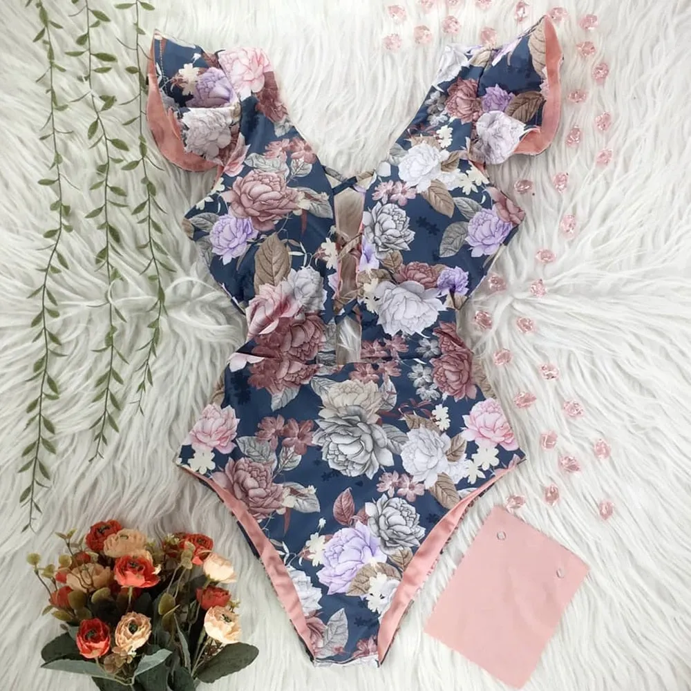 2022 New Sexy Ruffle Print Floral One Piece Swimsuit Off The Shoulder Swimwear Women Solid Deep-V Beachwear Bathing Suit Monkini