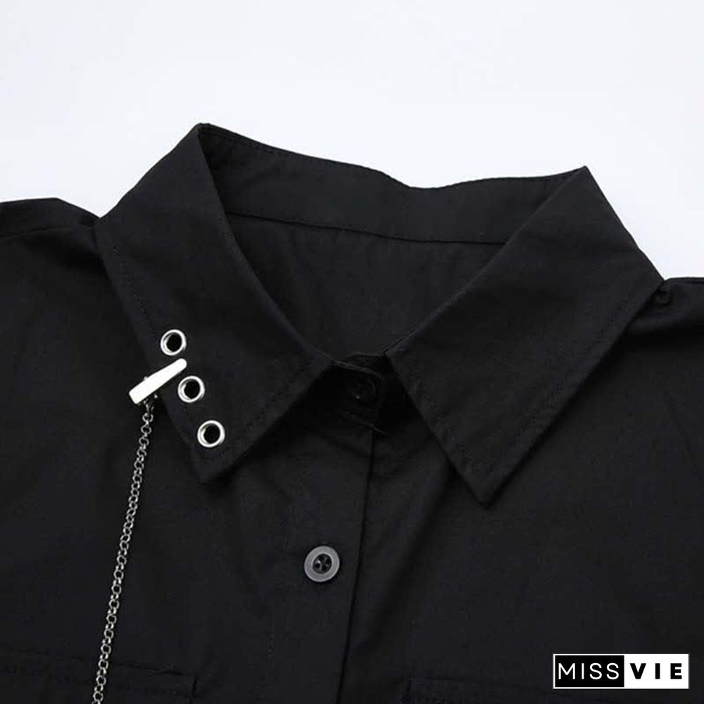 Chic Pocket Lapel Tie T-Shirt Casual Chain Cargo Shorts Pants