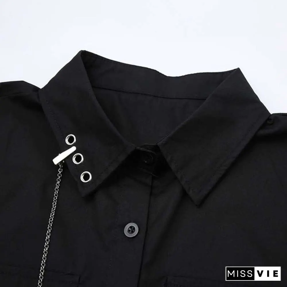 Chic Pocket Lapel Tie T-Shirt Casual Chain Cargo Shorts Pants