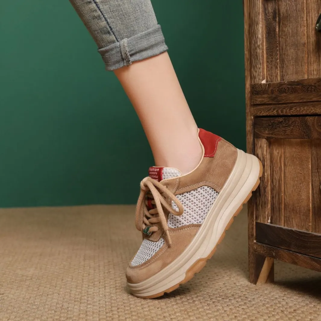 Yyvonne Layer Cowhede Thick Back Color Breathable Mesh Single Shoes 2025 Spring And Summer New Fashion Leather Casual Shoes