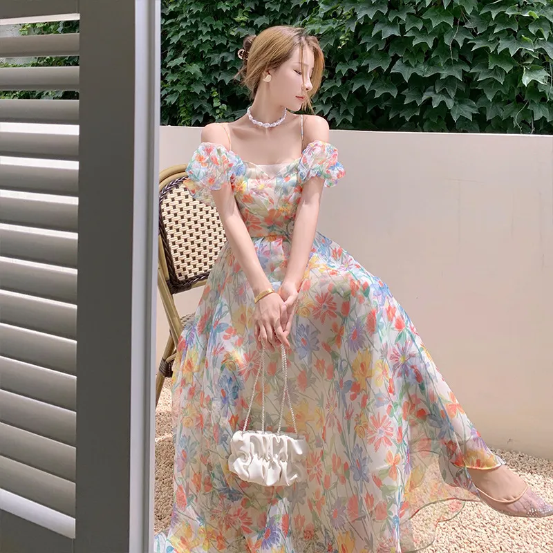 Churchf Churchf Organza A Word Shoulder Bubble Sleeve Broken Flower Condole Belt Dress Spring And Summer New Big Place Long Skirt