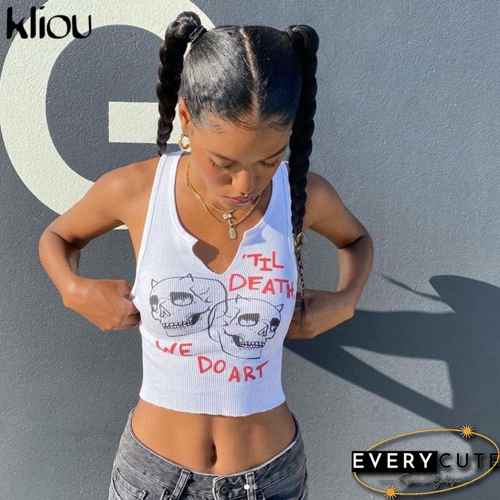 Kliou Aesthetic Graphic Cyber&nbsp;Y2k Streetwear Women Chic Sleeveless Activity Tank Tops Harajuku Skinny Crop Tops Camisole