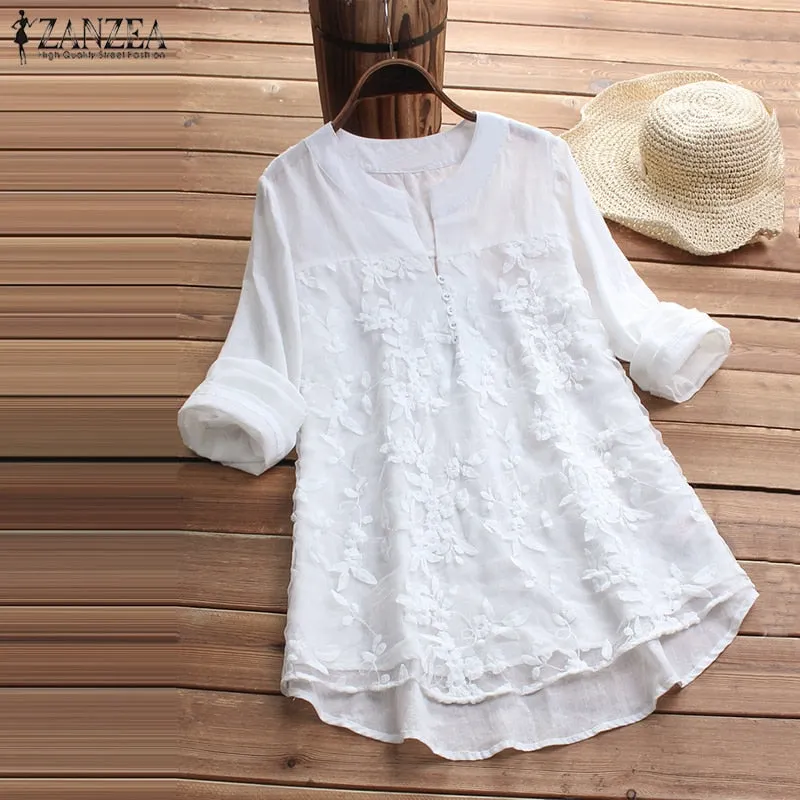 2022 ZANZEA Cotton Linen Tops Women Blouse Elegant V Neck Long Sleeve Shirt Casual Autumn Lace Shirts Vintage Embroidery Blusas
