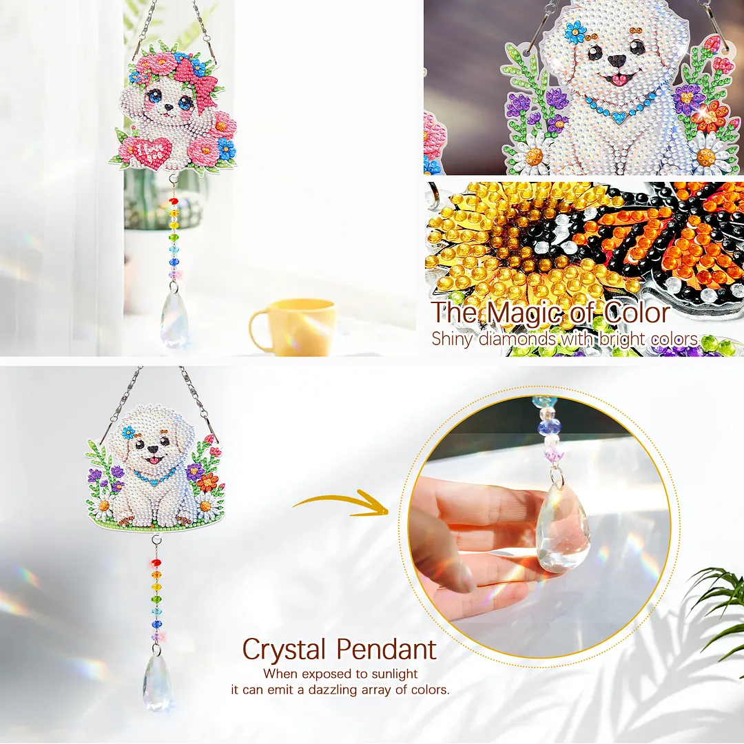 2Pcs Dog DIY Acrylic Diamond Painting Art Wind Chimes with Crystal Pendant Diamond Art Hanging Pendant Double-Sided for Adults Beginners Gift Home Garden Decor