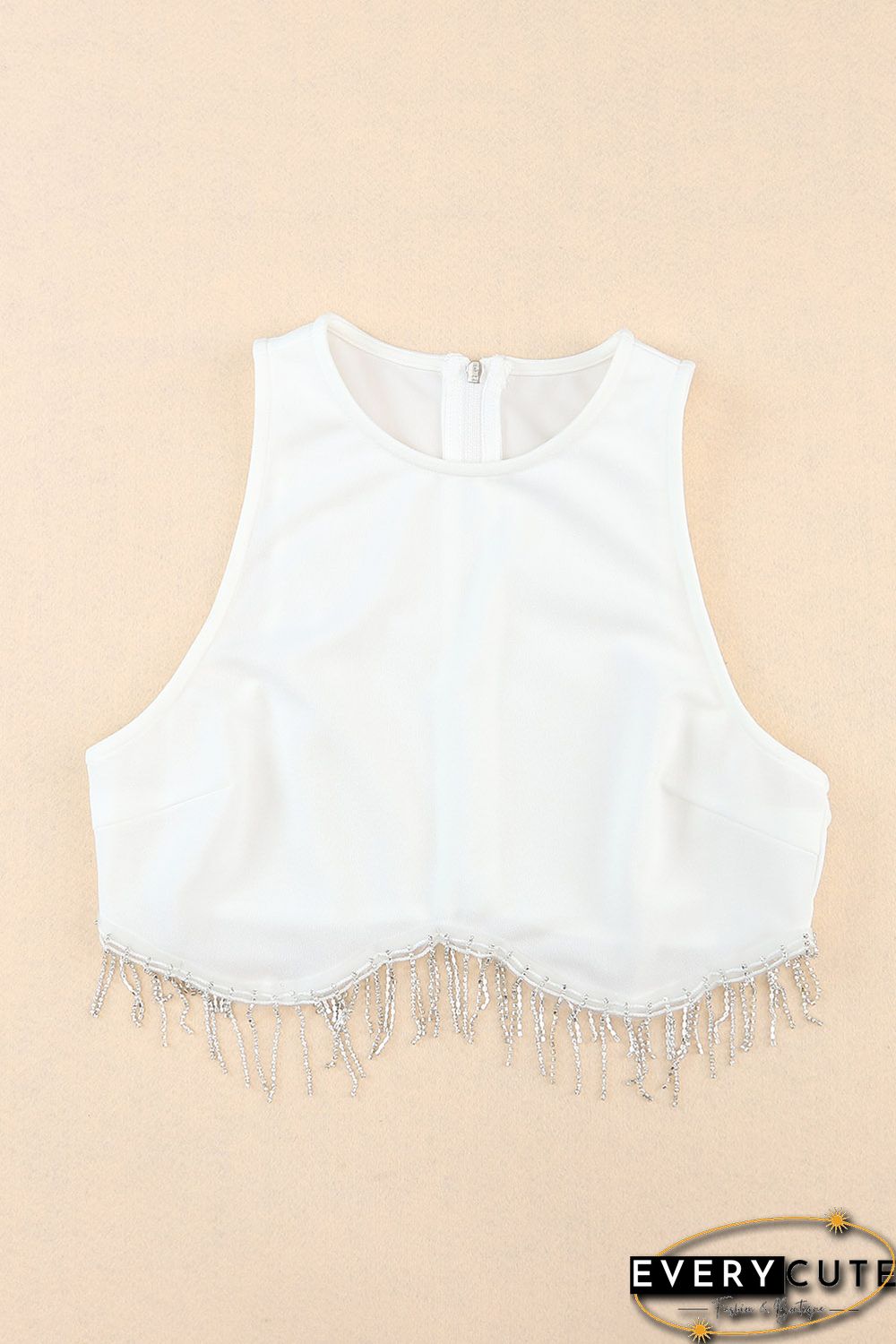 White Rhinestone Fringe Zip Back Round Neck Cropped Tank Top