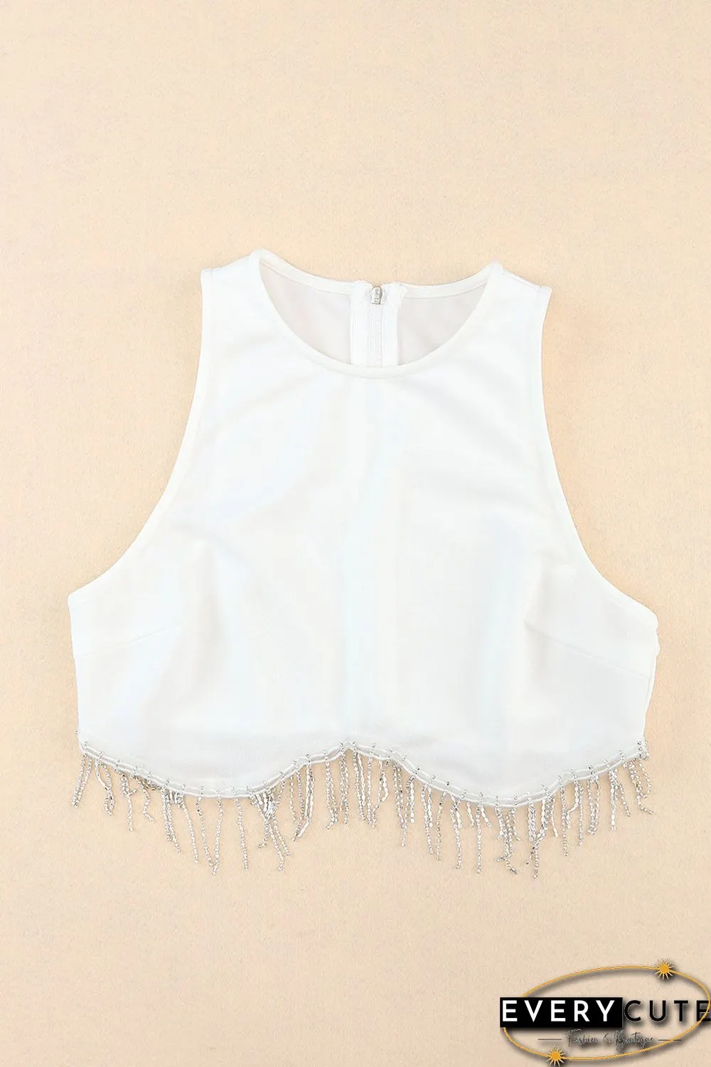 White Rhinestone Fringe Zip Back Round Neck Cropped Tank Top