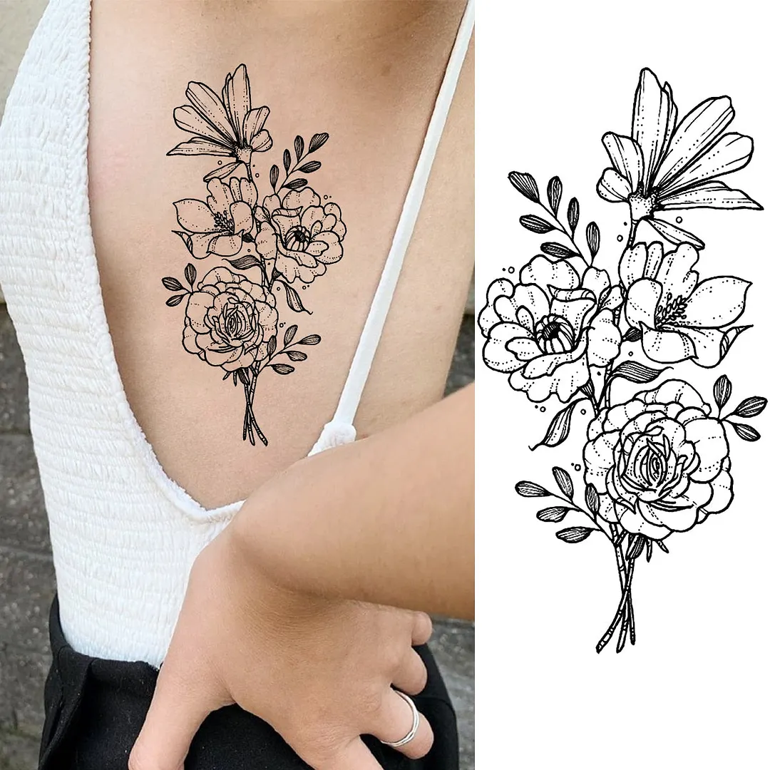Black Lotus Pendant Temporary Tattoos For Women Adult Rose Flower Jewelry Fake Tattoo Fashion Calf Waterproof Half Sleeve Tatoos