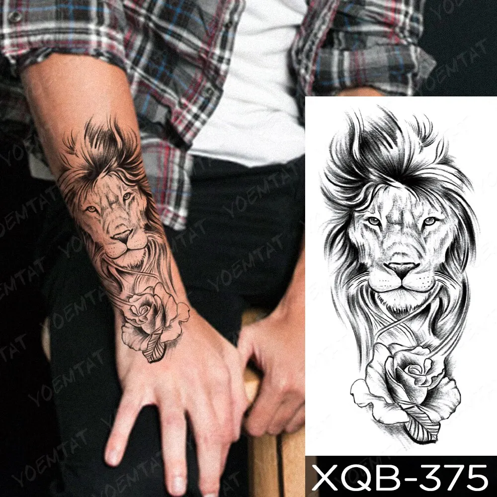 Sdrawing Temporary Tattoo Stickers Fox Lion Tiger Wolf Peony Rose Flowers Leaf Flash Tatto Women Men Body Art Arm Fake Tattoos