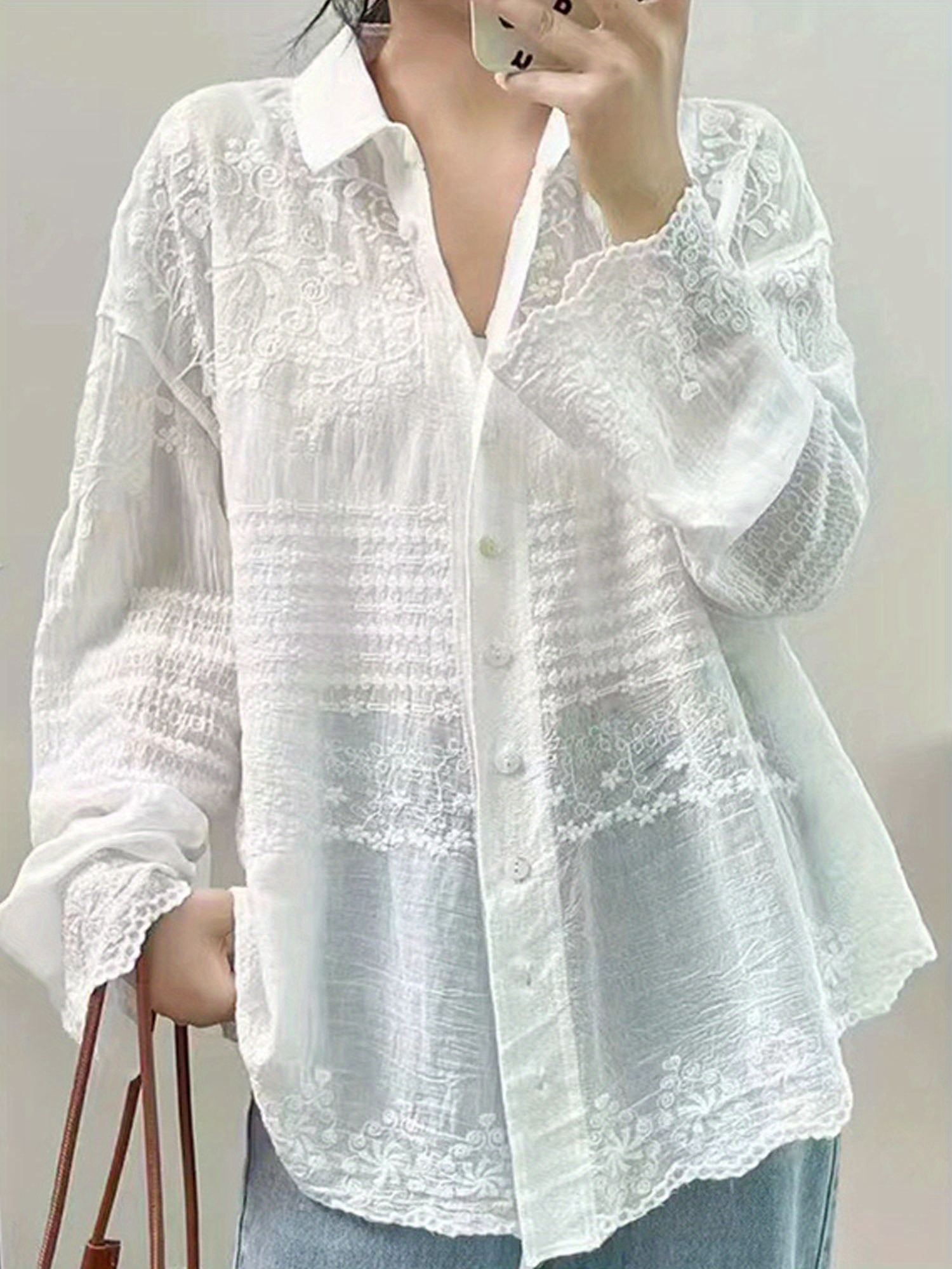 Women's Solid Color Loose Half Through Hook Flower Cardigan Lapel Shirt Long Sleeve Front Button Lace Sunscreen Casual Shirt | IFYHOME