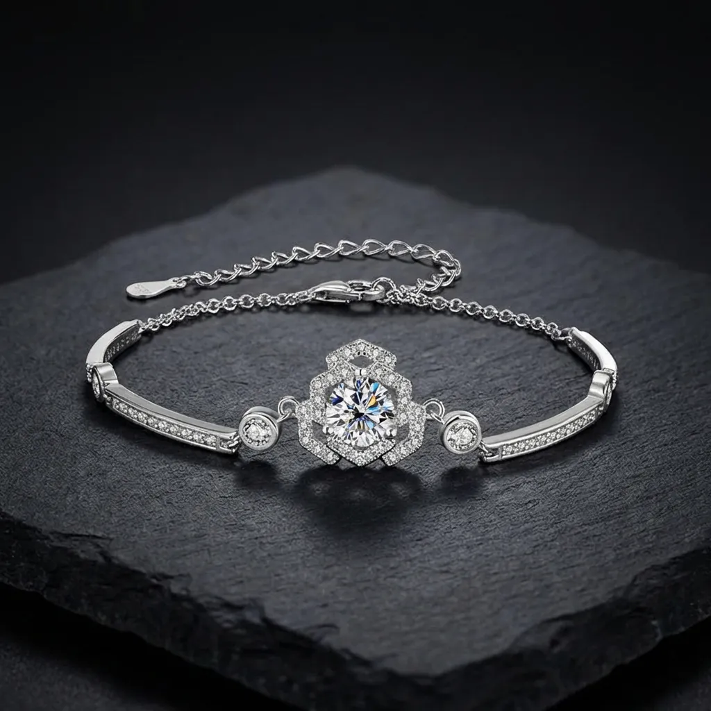 JiStones Camellia Bloom 1ct Moissanite Bracelet in S925 Sterling Silver Classic Brilliant White (D Color)-Adjustable 1.0 Carat Series