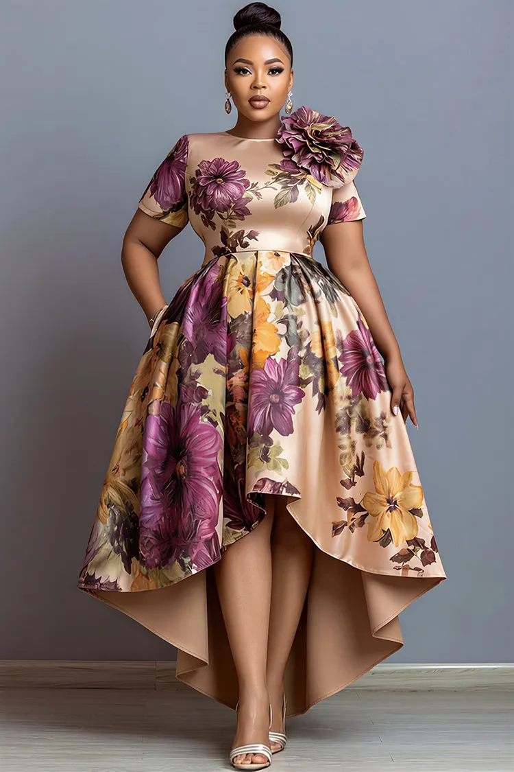 Xpluswear Design Plus Size Cocktail Party Multicolor Floral Round Neck Short Sleeve High Low Hem 3D Satin Midi Dresses [Pre-Order] 2024 - Xpluswear