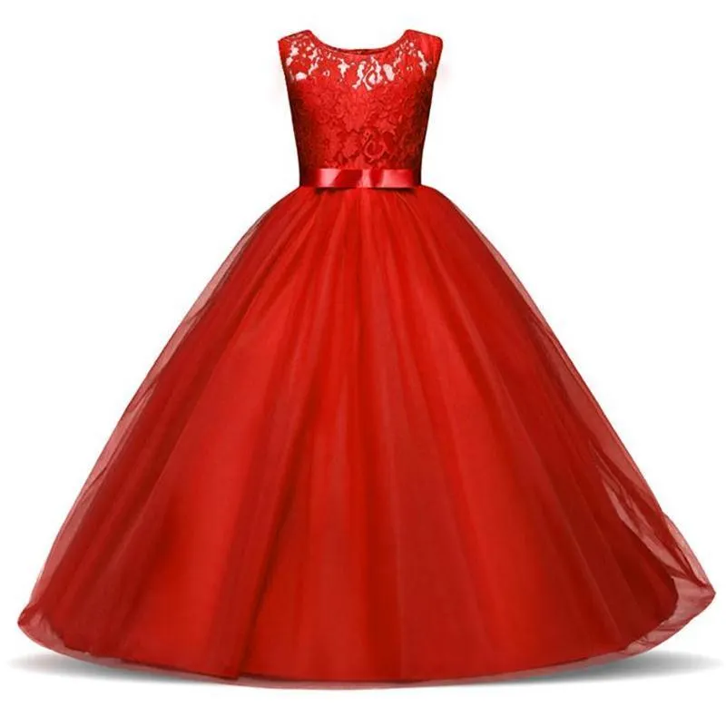 5-14 Years High-end Girls Wedding Party Lace Girl Dress Bridesmaid Clothes Princess Gowns Teen Girl Red Tulle Evening Dresses