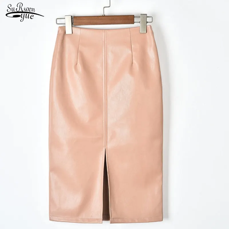 2021 Winter Korean PU Leather Skirts Women High Waist Straight Midi Skirts Sexy Skirt Women Plus Size Solid Split Skirts 10091