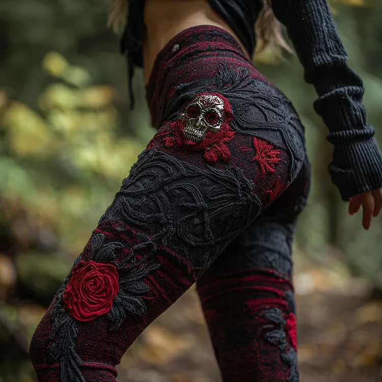 Women's Vintage Sugar Skull And Rose Pattern Comfortable Leggings