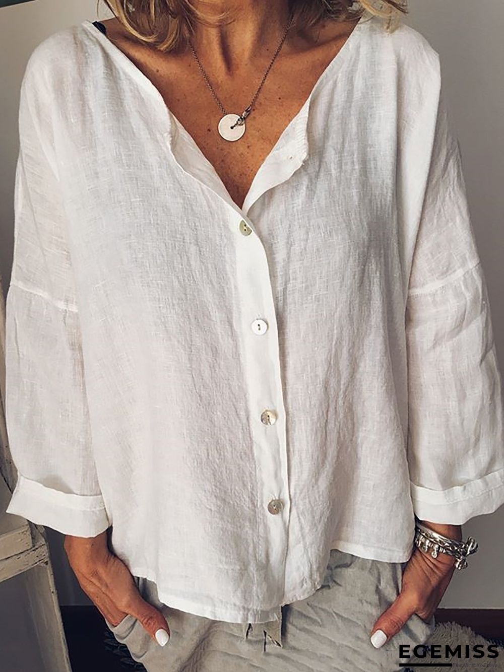 Long Sleeve Solid Shirts Plus Size Blouses Linen | EGEMISS