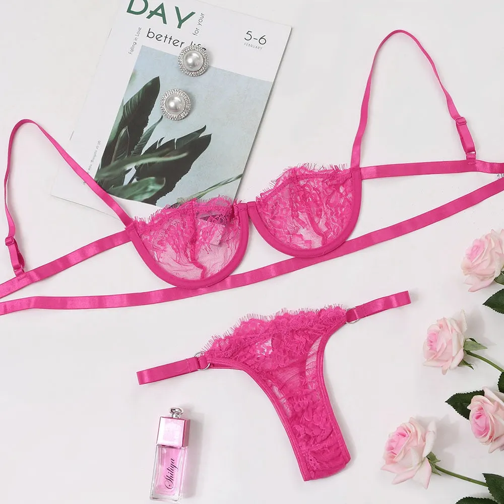 Ellolace Sexy Women's Underwear Lingerie Transparent Bra Low Cup Lace Underwear Set Lenceria Sexy Lingerie Set Bra And Panty Set 514-1
