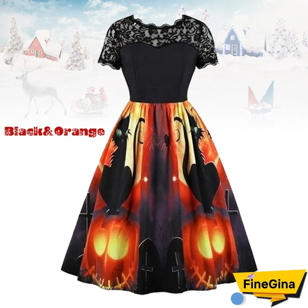 Plus Size Fashion Women Pumpkin Snowflake Print Dress Short Sleeve Lace Dress Christmas Halloween Costume Knee Length Party Dresses