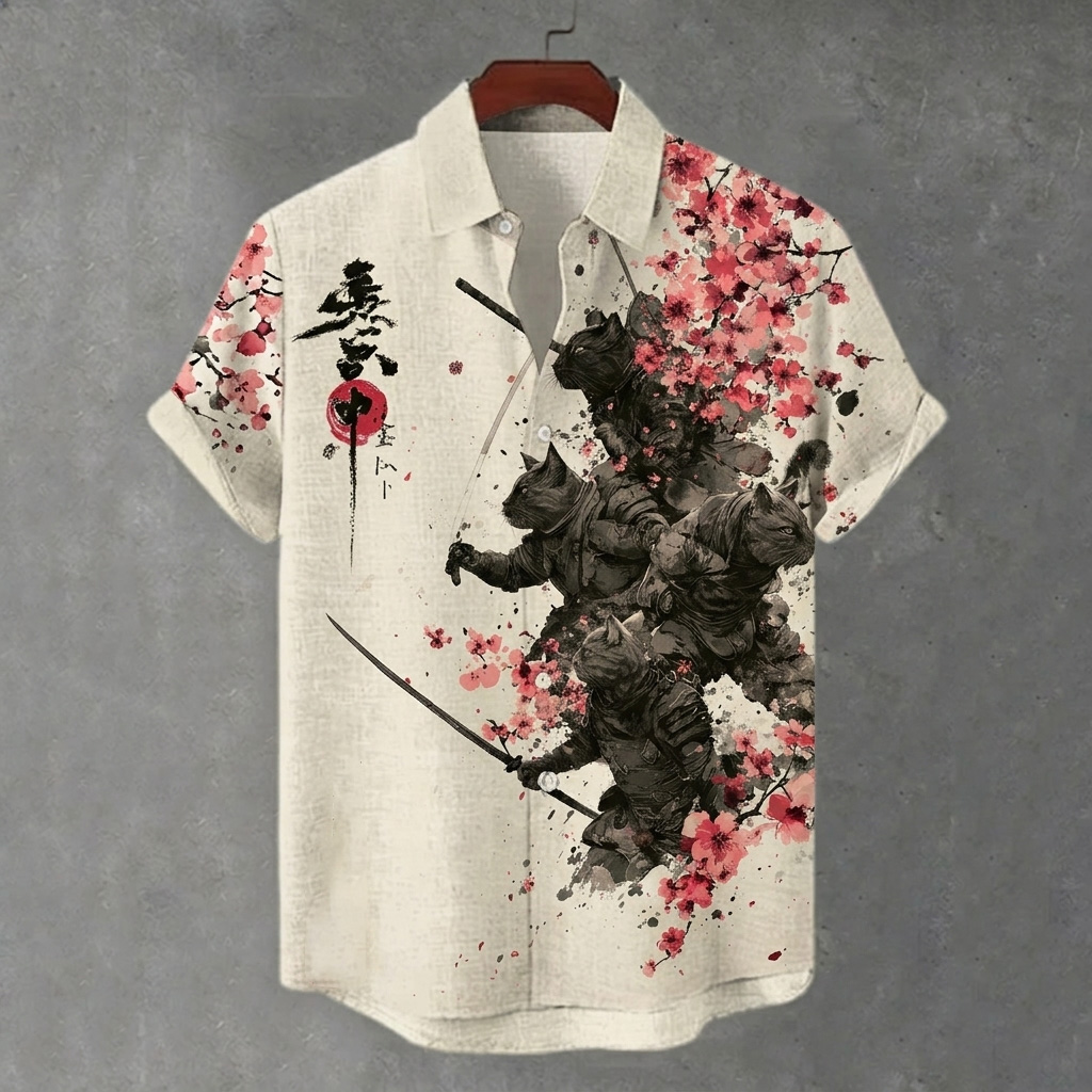 Comstylish Men's Samurai Cat And Cherry Blossom Print Linen Shirt