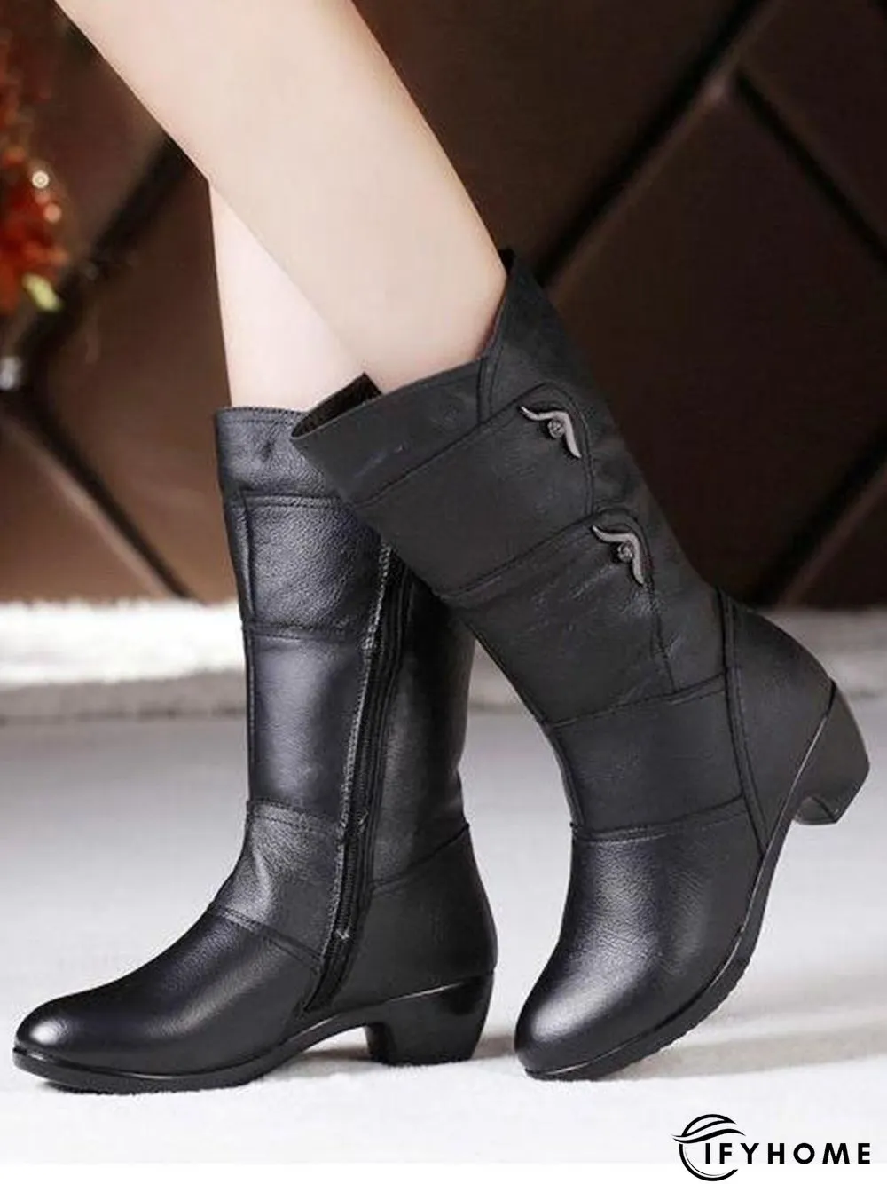 Black Rhinestone Metal Plush Warm Thick Heel Boots | IFYHOME