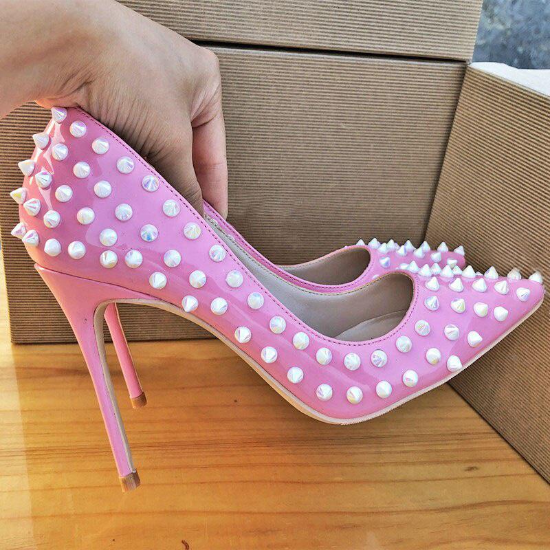 GOOSHOE Pink Rivets Shoes 12cm High Heels Women Pumps Pointed Toe 12cm Punk Studs Stiletto Shoes