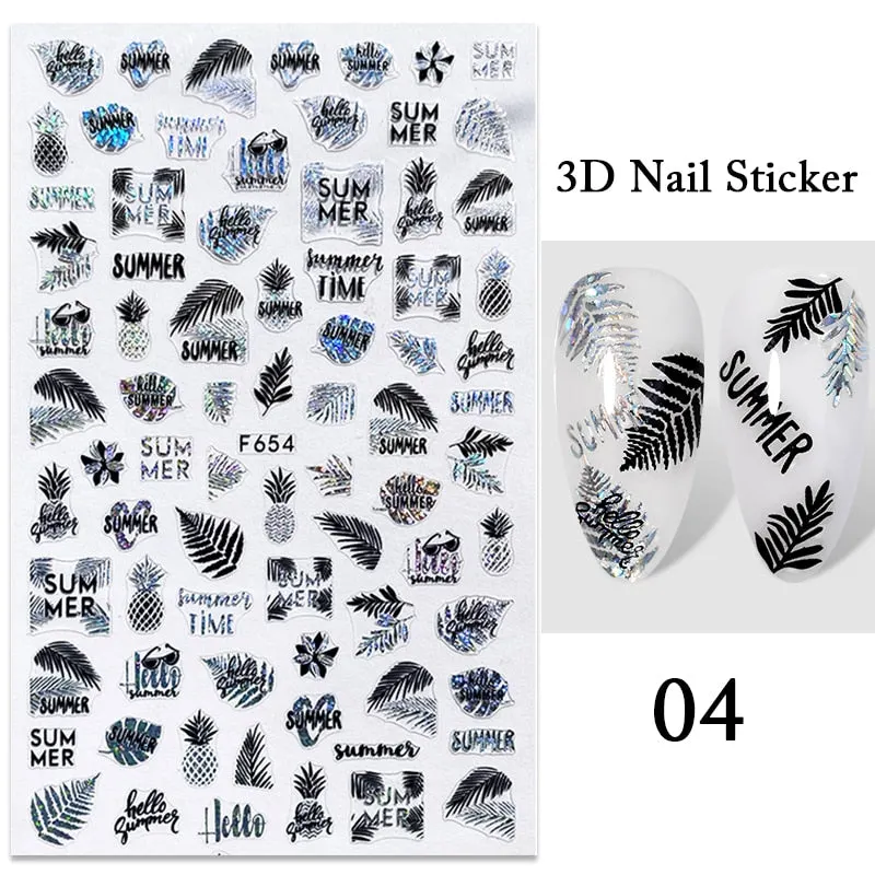 1PC iridescent Gold Black White 3D Nail Sticker Leaves Geometric Tropical Beach Decals DIY Slider Decoration Manicures-Nail Inspo