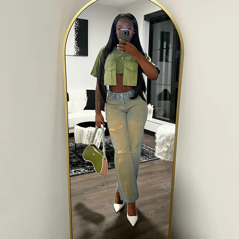 Brownm Brownm Women's Summer New Fashion Wear Round Neck Short Sleeves Pocket Ultra-Short T-Shirt Top