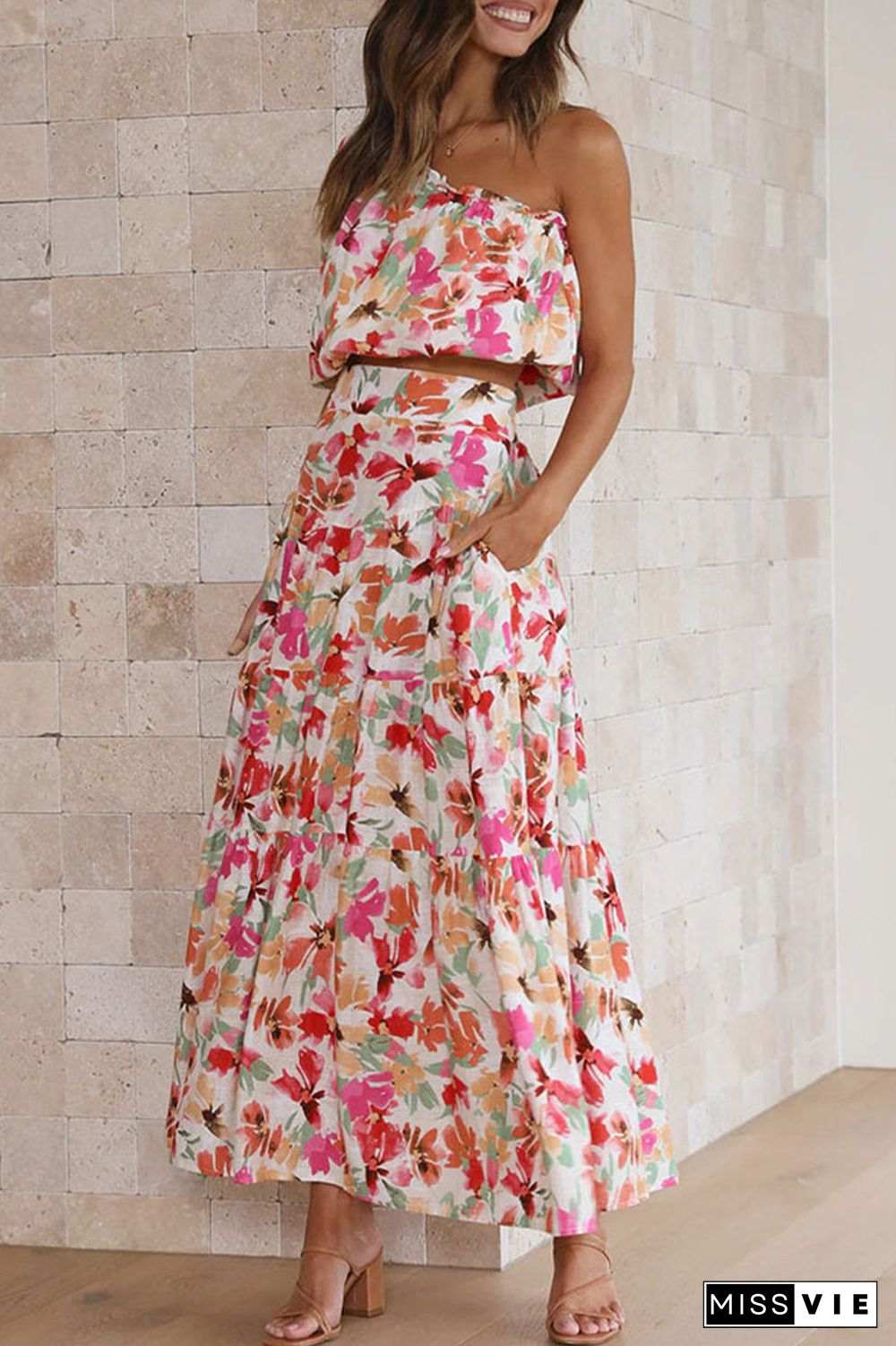 Sweet Elegant Floral Asymmetrical Oblique Collar Short Sleeve Two Pieces