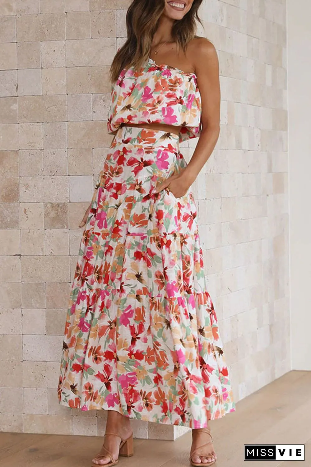 Sweet Elegant Floral Asymmetrical Oblique Collar Short Sleeve Two Pieces