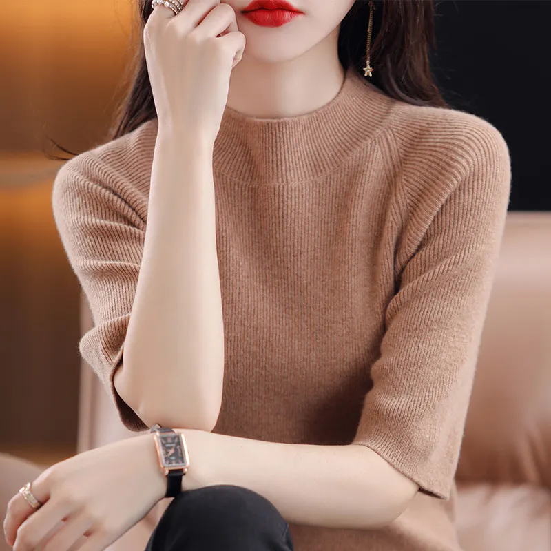 Churchf Churchf Summer Slim Head Five Minute Sleeve Bottom Top New Half High Collar Solid Color Simple Medium Sleeve Sweater Women