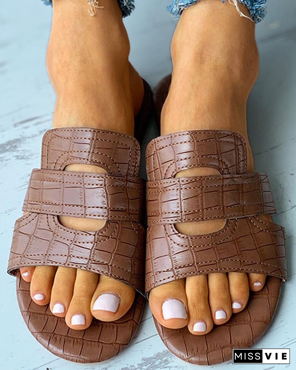 Croc Embossed Cutout Flat Sandals
