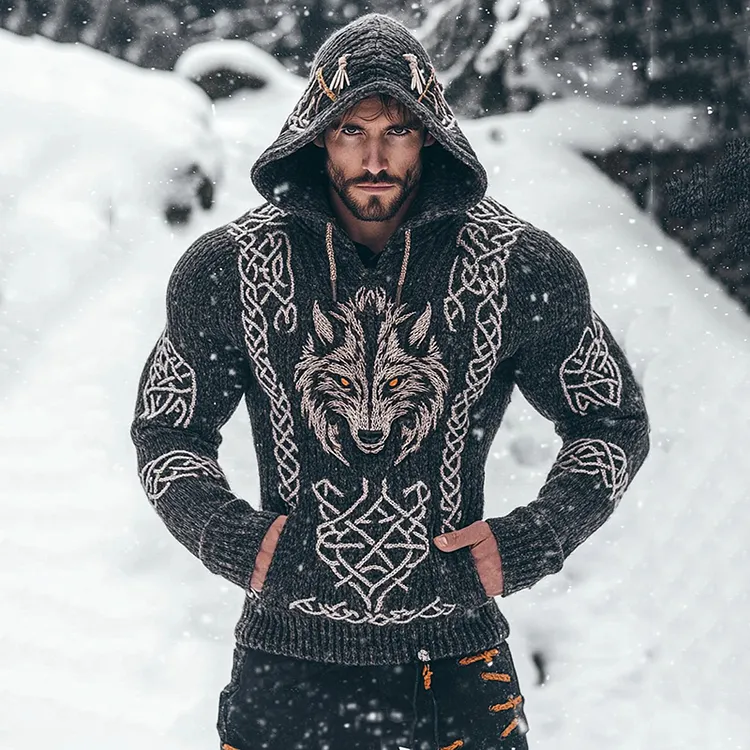 Men's Viking Tribal Wolf Embroidery Inspired Knit Pocket Hooded Sweater