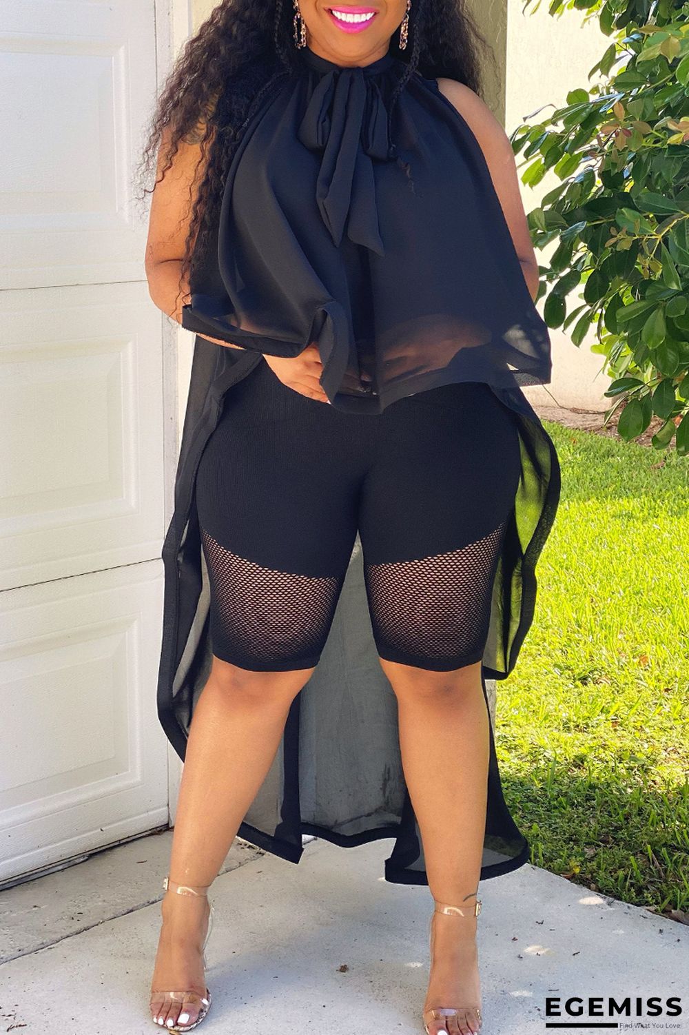 Black Plus Size Fashion Solid With Bow V Neck Plus Size Tops | EGEMISS