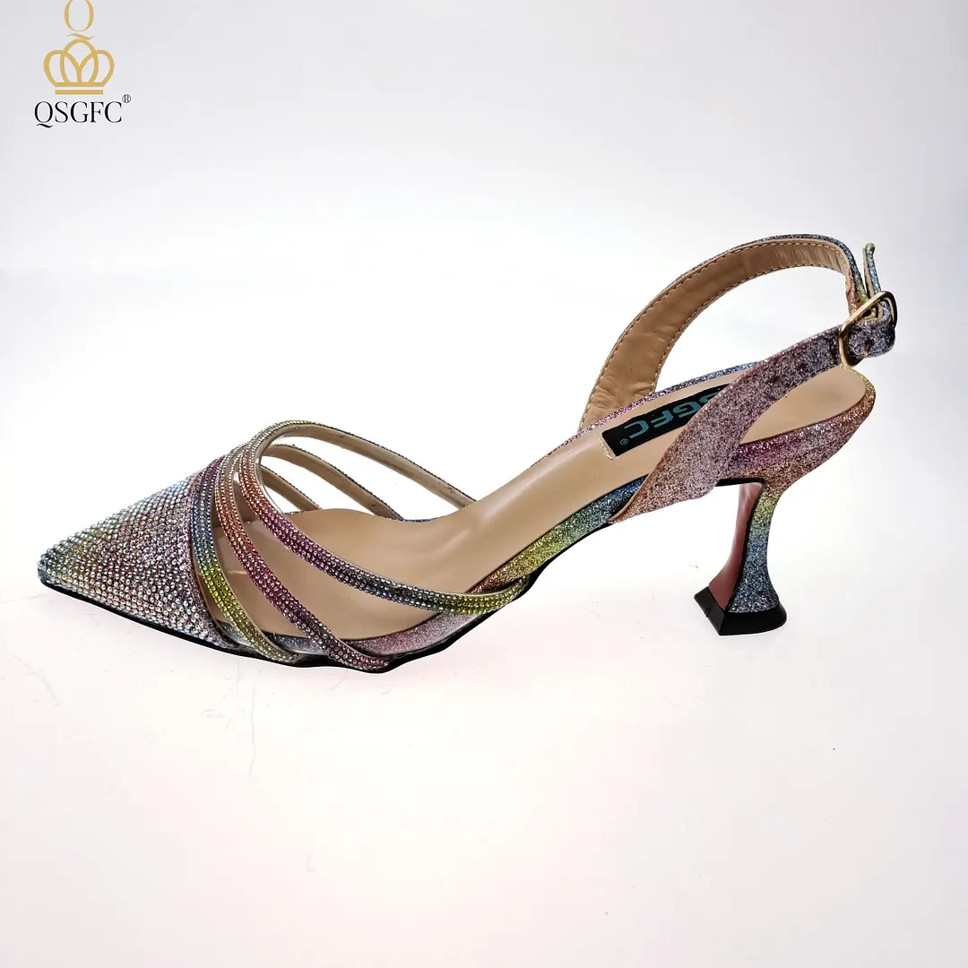 QSGFC2022 Fashion Shiny Full Diamond Decoration In Nigeria Elegant Orange Color Ladies Shoes and Bag For Party Wedding