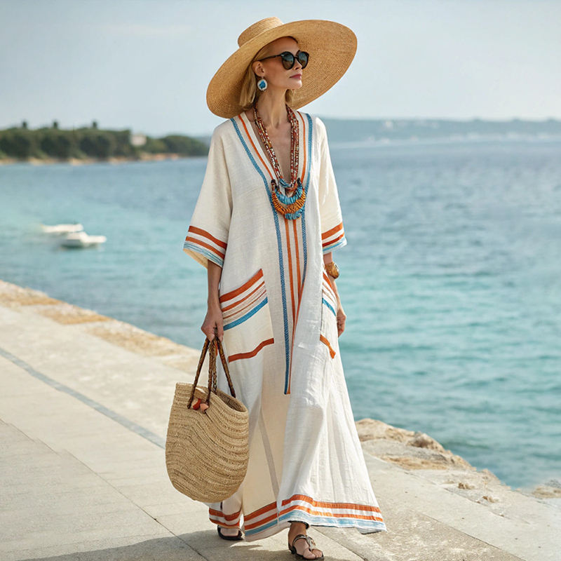 Comstylish Women's Striped Art V-neck Linen Blend Loose Midi Dress