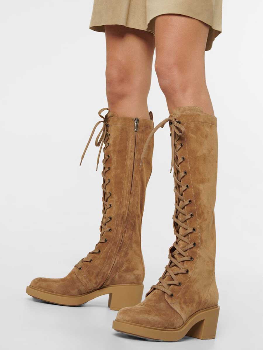 Women's Brown Round Toe Chunky Heel Vegan Suede Lace Up Boots