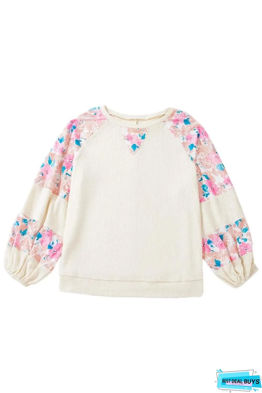 Apricot Plus Size Floral Patchwork Ribbed Puff Sleeve Top