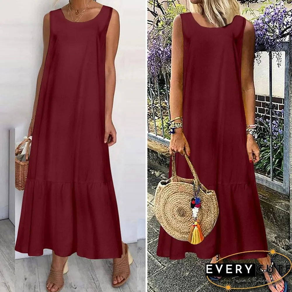 Women Solid Color Sleeveless Swing Long Dress Casual Elegant Loose Party Maxi Dress Plus Size Vestidos