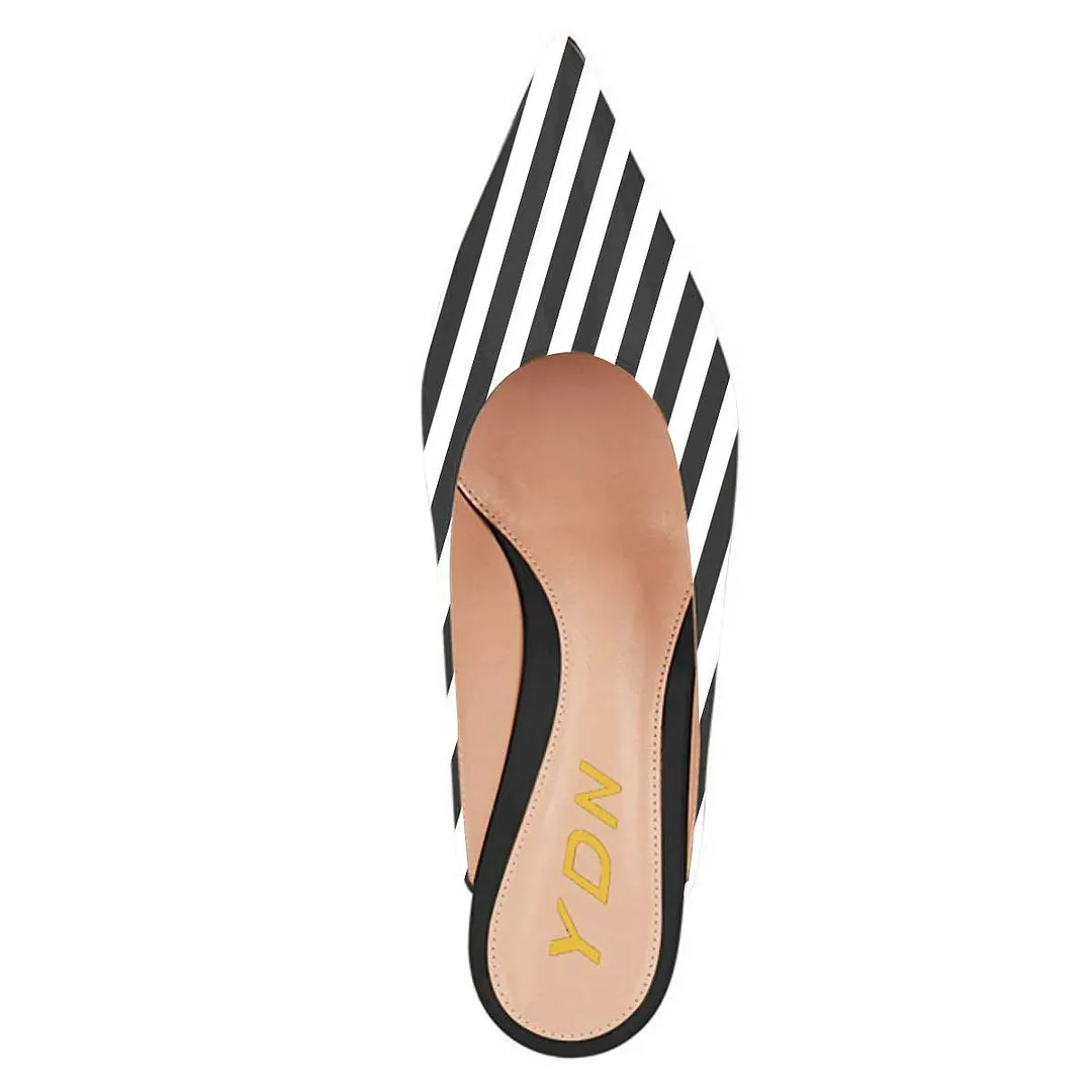 Black & White Stripes Kitten Heel Women's Mules Shoes with Pointed Toe