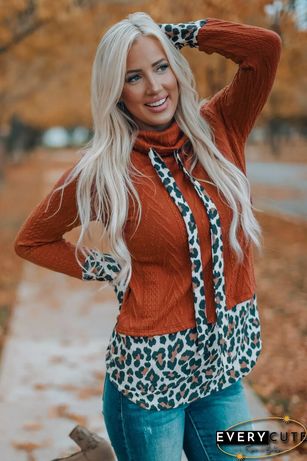 Leopard Patchwork Cowl Neck Knit Top