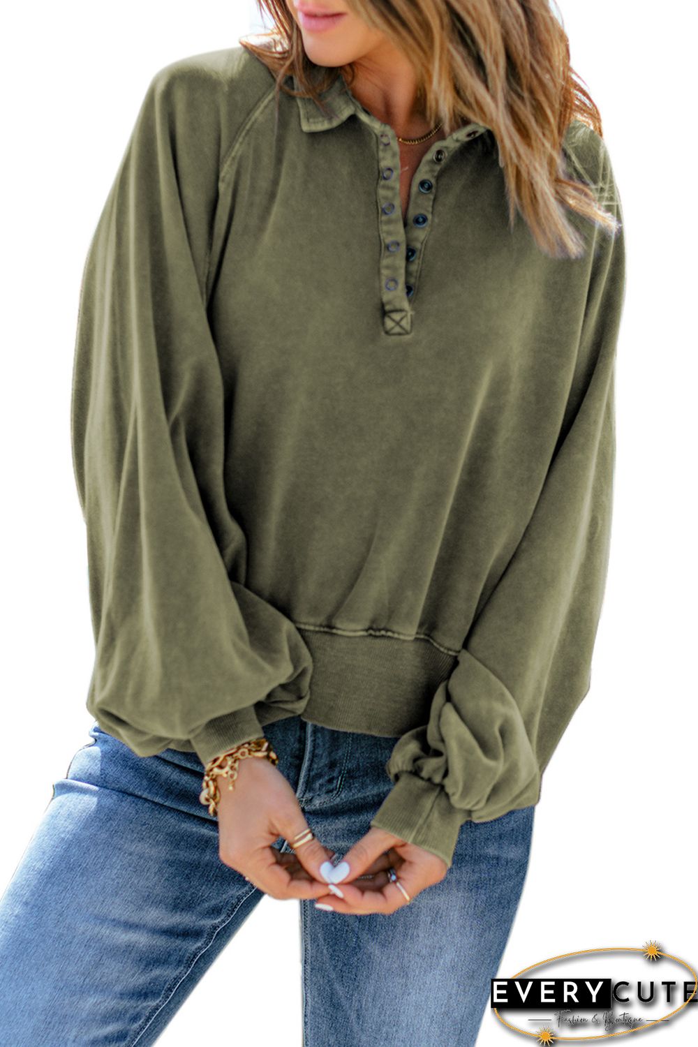 Green Washed Snap Buttons Lantern Sleeve Pullover Sweatshirt