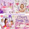 Birthday Decorations, NO DIY, Pre-Strung Happy Birthday Banner with Honeycomb Balls, Hanging Swirls, Circle Dots Garland, Happy Birthday Party Decorations for Women Men Boys Girls (Purple)