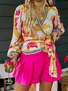 Fashion Floral Print V-Neck Bandage Casual Blouses&Shirts Tops