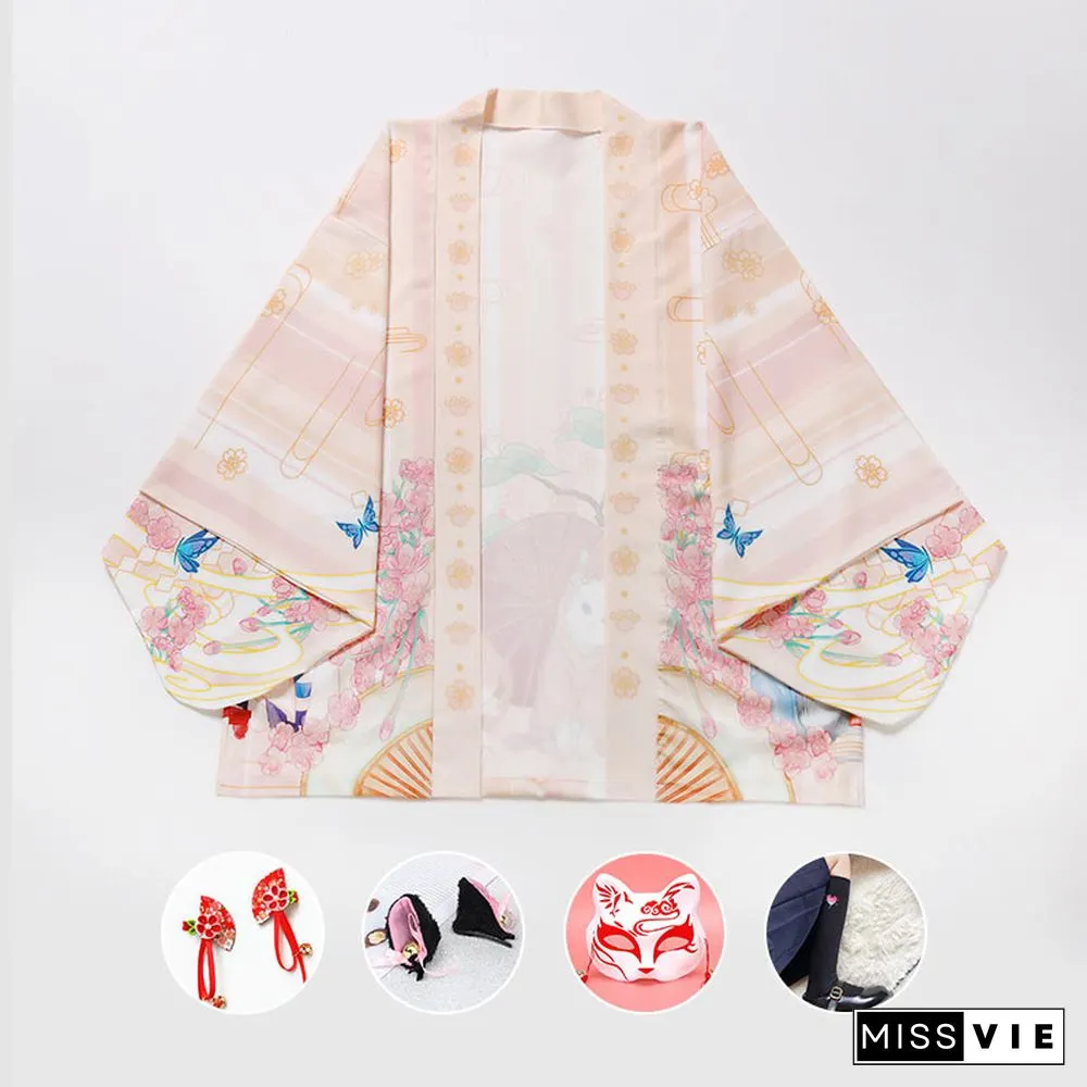 Cartoon Cat Print Loose Cardigan Kimono Outerwear