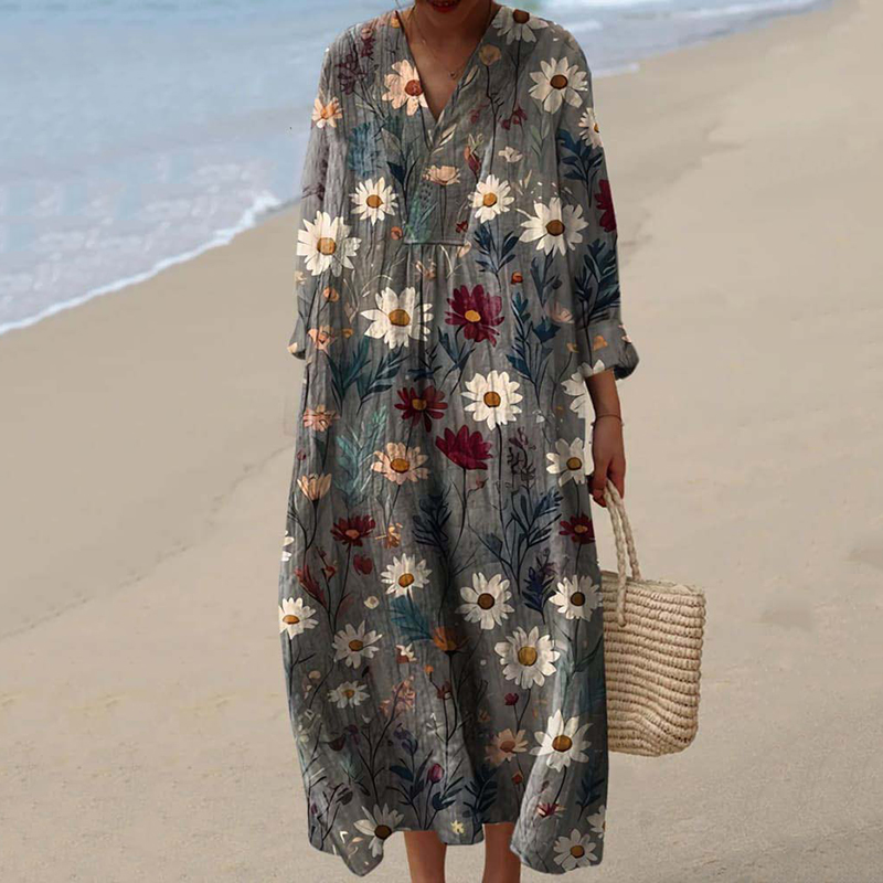 Comstylish Vintage Colorful Floral Art Printed Casual Midi Dress