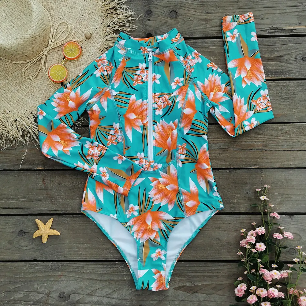 Churchf 2025 New One-Piece Swimsuit Women's Surfsuit Long-Sleeved Zipper INS Print All-In-One