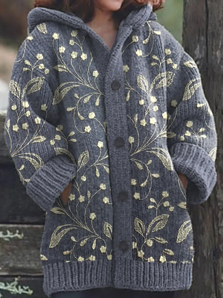 Lace Floral Embroidery Pattern Cozy Knit Hooded Cardigan